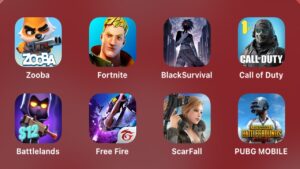 Zooba,Fortnite,Black Survival,Call of Duty Mobile,Battlelands,Free Fire,Scar Fall,PUBG Mobile